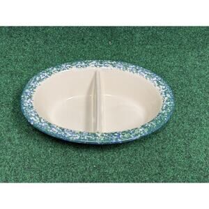 Gerald Henn Workshops Spongeware Oval Divided Dish GREEN & BLUE Stoneware